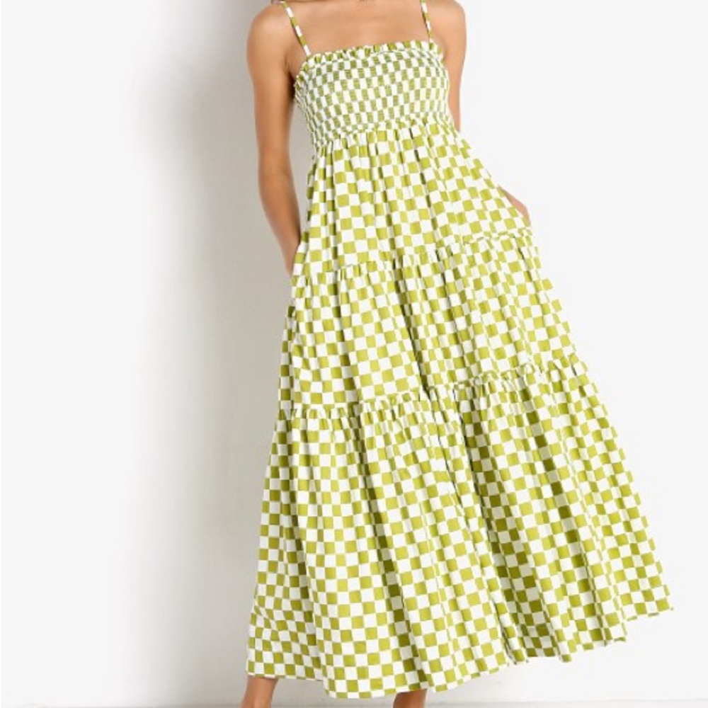 EN SAISON | SMOCKED MIDI DRESS CHECKERBOARD GREEN | LARGE